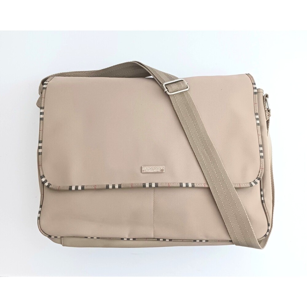 Burberry Fragrance Khaki Nylon Lg Messenger Bag Nova Check Piping Trim Adj Strap - Picture 2 of 16